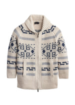 Pendleton Womens Long Westerley Cardigan Ivory Blue Multi lambswool sweater with shawl collar full zip front and patch pockets western fashion Utah SKU TC019887616