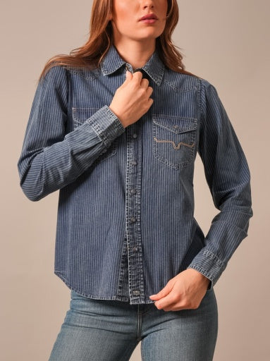 Kimes Ranch Womens Frankie Indigo Stripe striped denim western snap shirt with pearl snaps and chest pockets womens western boutique Utah SKU WTO0000092BL021