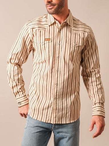 Kimes Ranch Mens ZT Solano Natural cream and tan pinstripe long sleeve western shirt with two chest pockets mens western clothing Utah SKU MDS0000100BE006