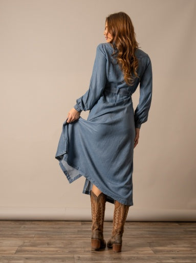 Kimes Ranch Womens Channy Indigo flowing midi skirt with a button through front worn with boots cowgirl style