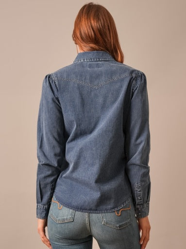 Kimes Ranch Womens Frankie Indigo Stripe back yoke and shoulder seaming on striped denim ranch wear