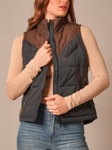 Kimes Ranch Womens Lenora Black charcoal quilted puffer vest with brown suede collar and yoke womens western boutique Utah SKU WVE0000005BK001
