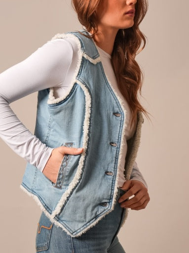 Kimes Ranch Womens Loni Indigo button front vest with side welt pockets and a cream sherpa collar ranch wear