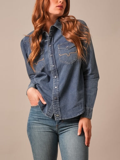 Kimes Ranch Womens Frankie Indigo Stripe relaxed fit striped denim shirt with contrast stitching on the pockets western fashion