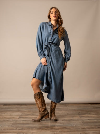 Kimes Ranch Womens Channy Indigo denim midi shirt dress with tie waist and long blouson sleeves womens western boutique Utah SKU WSK0000020BL018