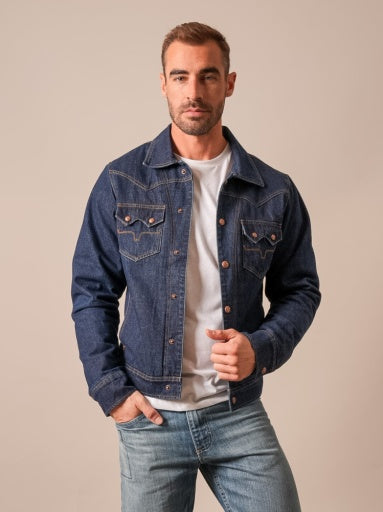 Kimes Ranch Mens ZT El Ranchero Indigo boxy cropped denim silhouette worn open over a tee ranch wear