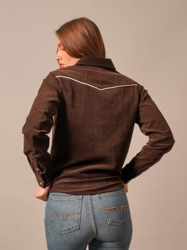 Kimes Ranch Womens Lehi Espresso pointed back yoke outlined in white piping on soft brown corduroy cowgirl style