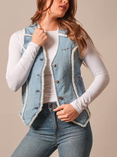 Kimes Ranch Womens Loni Indigo denim vest with sherpa lining and raw frayed edges womens western boutique Utah SKU WVE0000002BL018