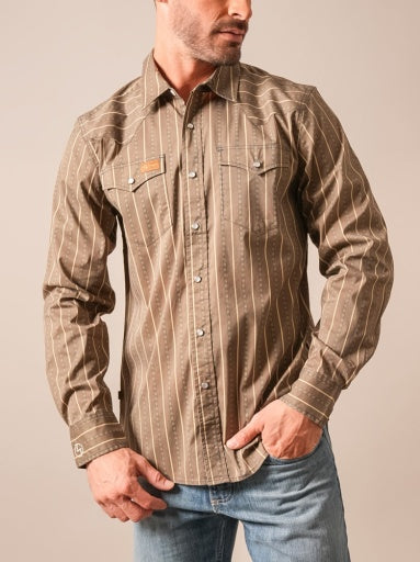 Kimes Ranch Mens ZT Solano Army Green olive and tan pinstripe long sleeve western shirt with pointed chest pocket flaps cowboy style Utah SKU MDS0000100GN015