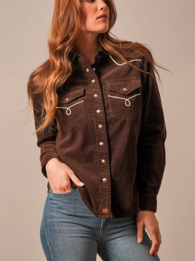 Kimes Ranch Womens Lehi Espresso rich brown corduroy western snap shirt with white piped yokes and pearl snaps womens western boutique Utah SKU WTO0000093BN004