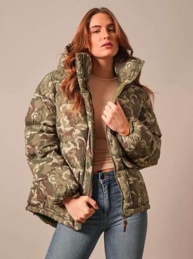 Kimes Ranch Womens Letty Camo olive and tan camouflage puffer jacket with high stand collar and zip front womens western boutique Utah SKU WJA0000016GN010