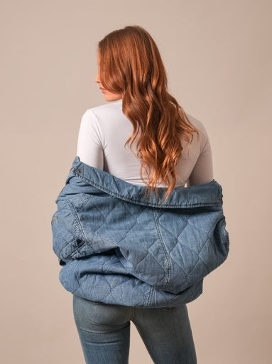 Kimes Ranch Womens Phoebe Indigo oversized drop shoulder silhouette with a quilted denim back panel womens western fashion