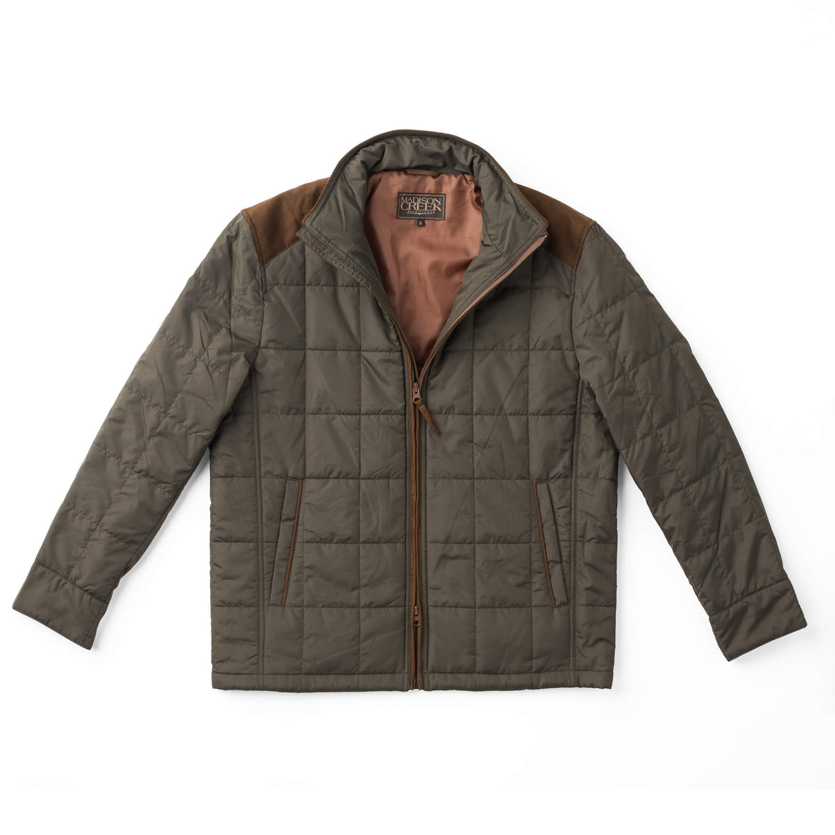 Madison Creek Outfitters Shelby Lightweight Quilted Nylon Jacket Loden zip front silhouette with microsuede piping and two lower slant pockets ranch wear