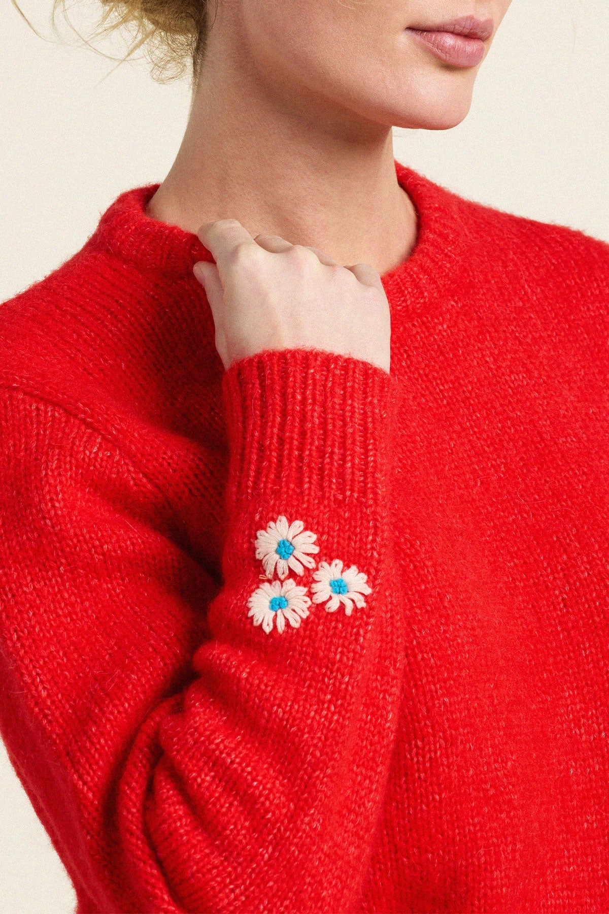 Trovata Cleo Sweater Red contrasting ribbed cuffs and bottom hem ranch wear