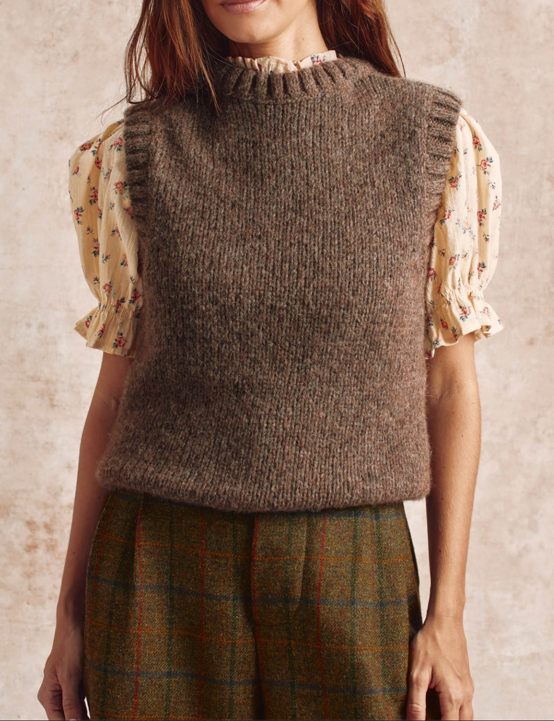 Penelope Chilvers Knitted Tank Taupe layered over a print blouse for transitional dressing western fashion