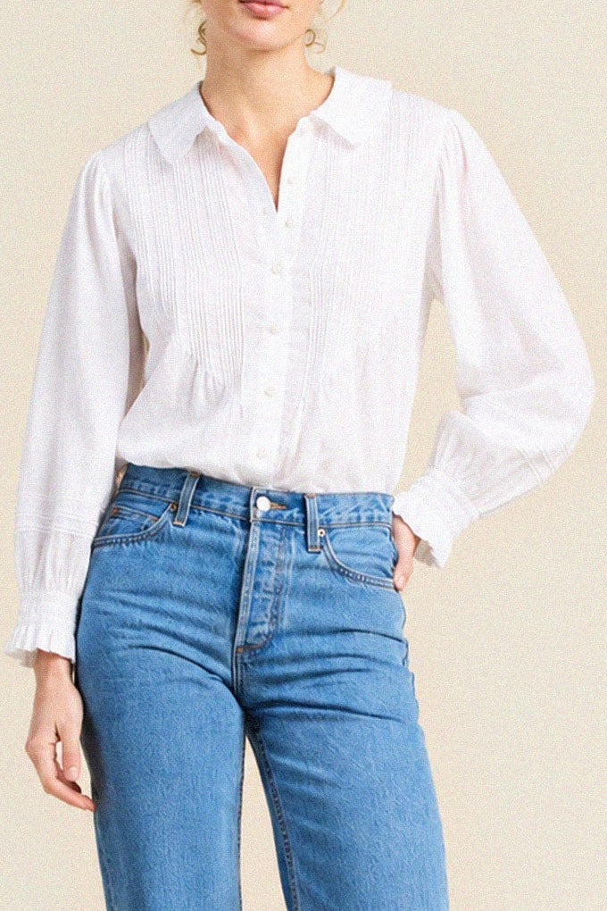 Trovata Francesca Blouse White fitted silhouette with oversized point collar and pintucked placket womens western clothing