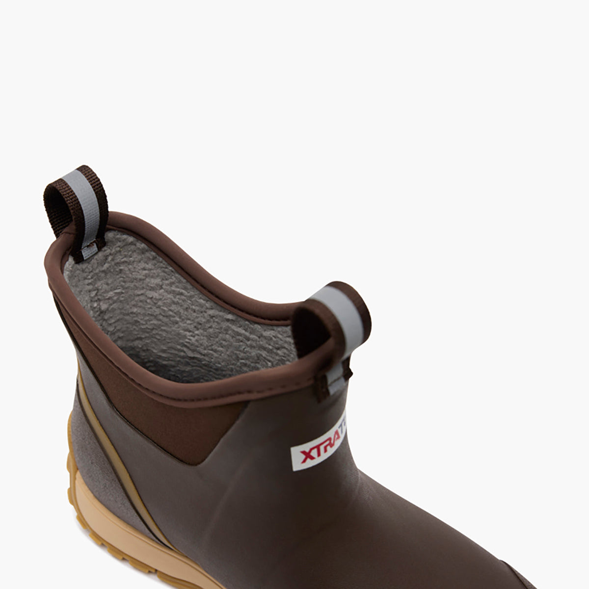 XTRATUF Mens Ice Fleece Lined Ankle Deck Boot Dark Brown faux shearling fleece lining inside the collar for warmth cowboy