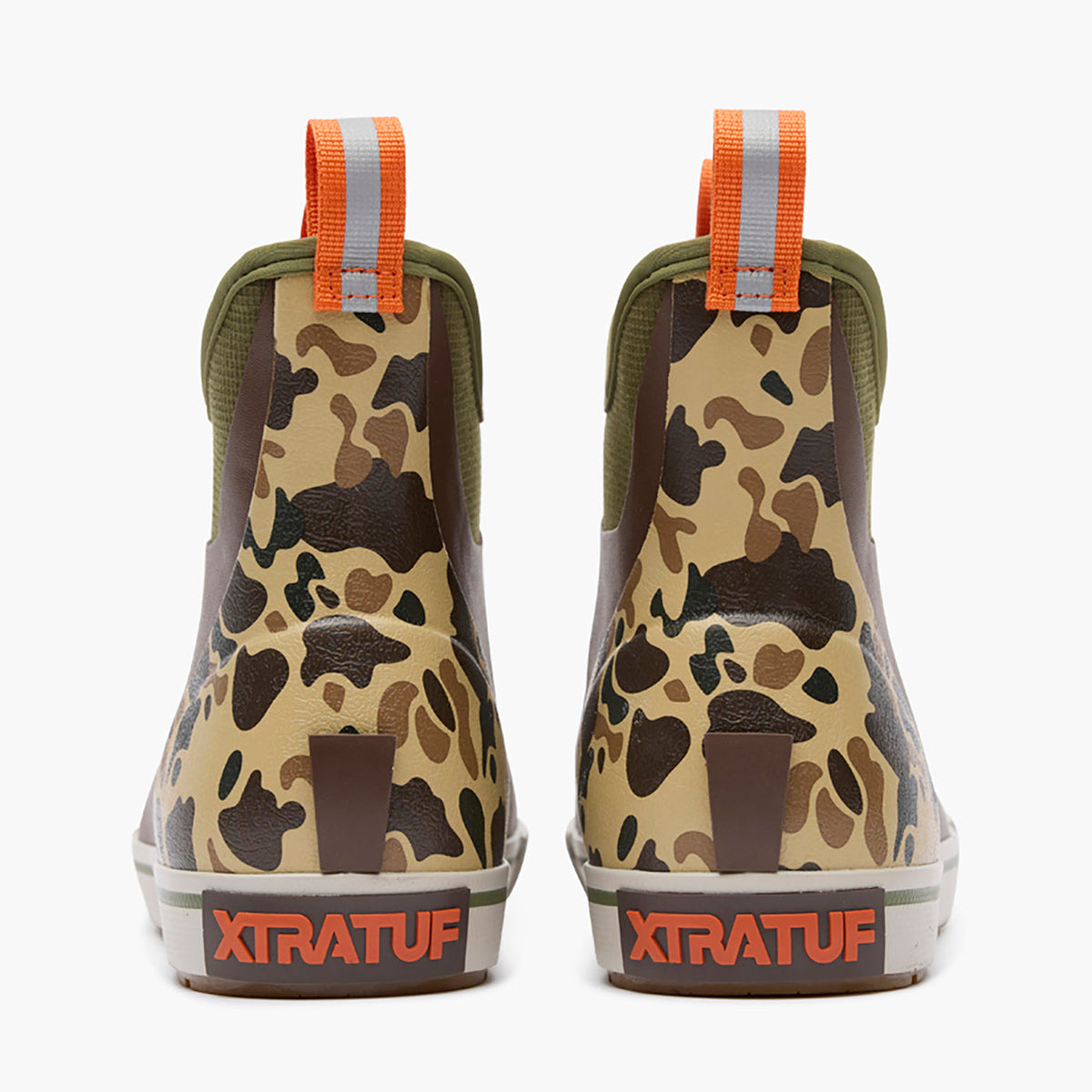 XTRATUF Mens Outdoors Fleece Lined Ankle Deck Boot Bison Duck Camo duck camo heel panel with orange pull loops and reflective heel stripe