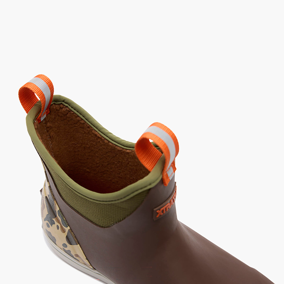 XTRATUF Mens Outdoors Fleece Lined Ankle Deck Boot Bison Duck Camo warm faux shearling lining inside an olive green ripstop collar cowboy