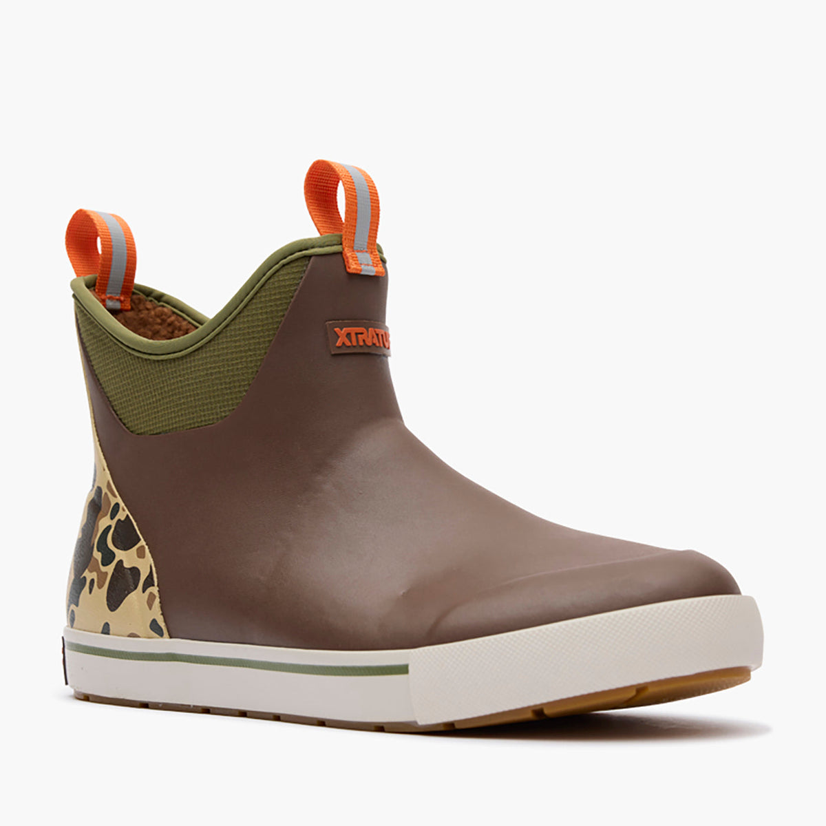 XTRATUF Mens Outdoors Fleece Lined Ankle Deck Boot Bison Duck Camo bison brown rubber ankle boot with duck camo heel and olive collar mens western boots Utah SKU XMADBC90