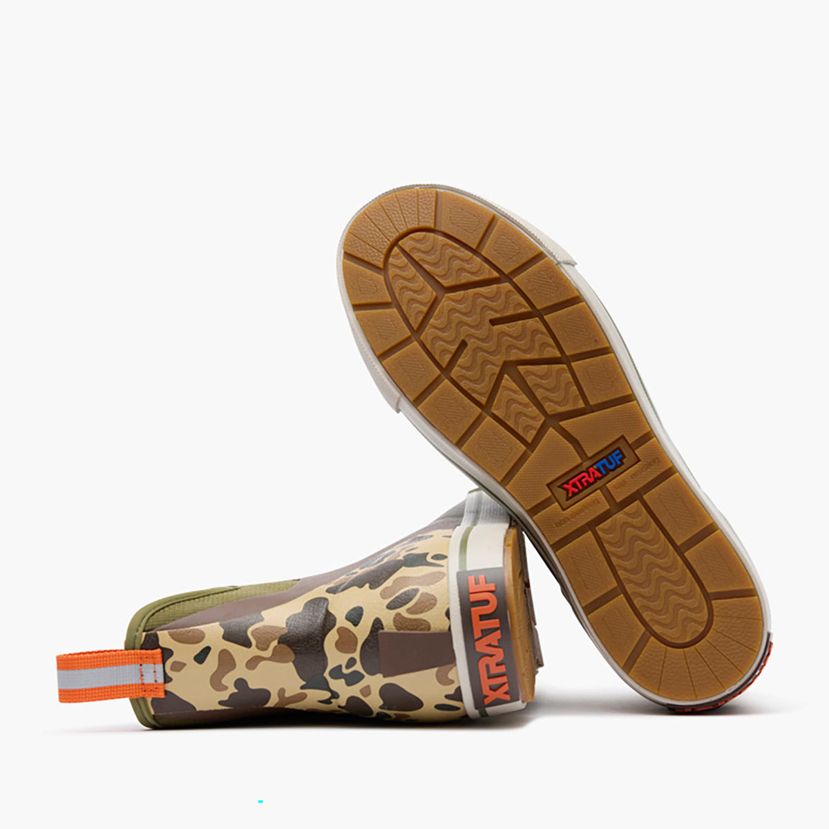 XTRATUF Mens Outdoors Fleece Lined Ankle Deck Boot Bison Duck Camo slip resistant non marking outdoor lug outsole in tan rubber ranch wear
