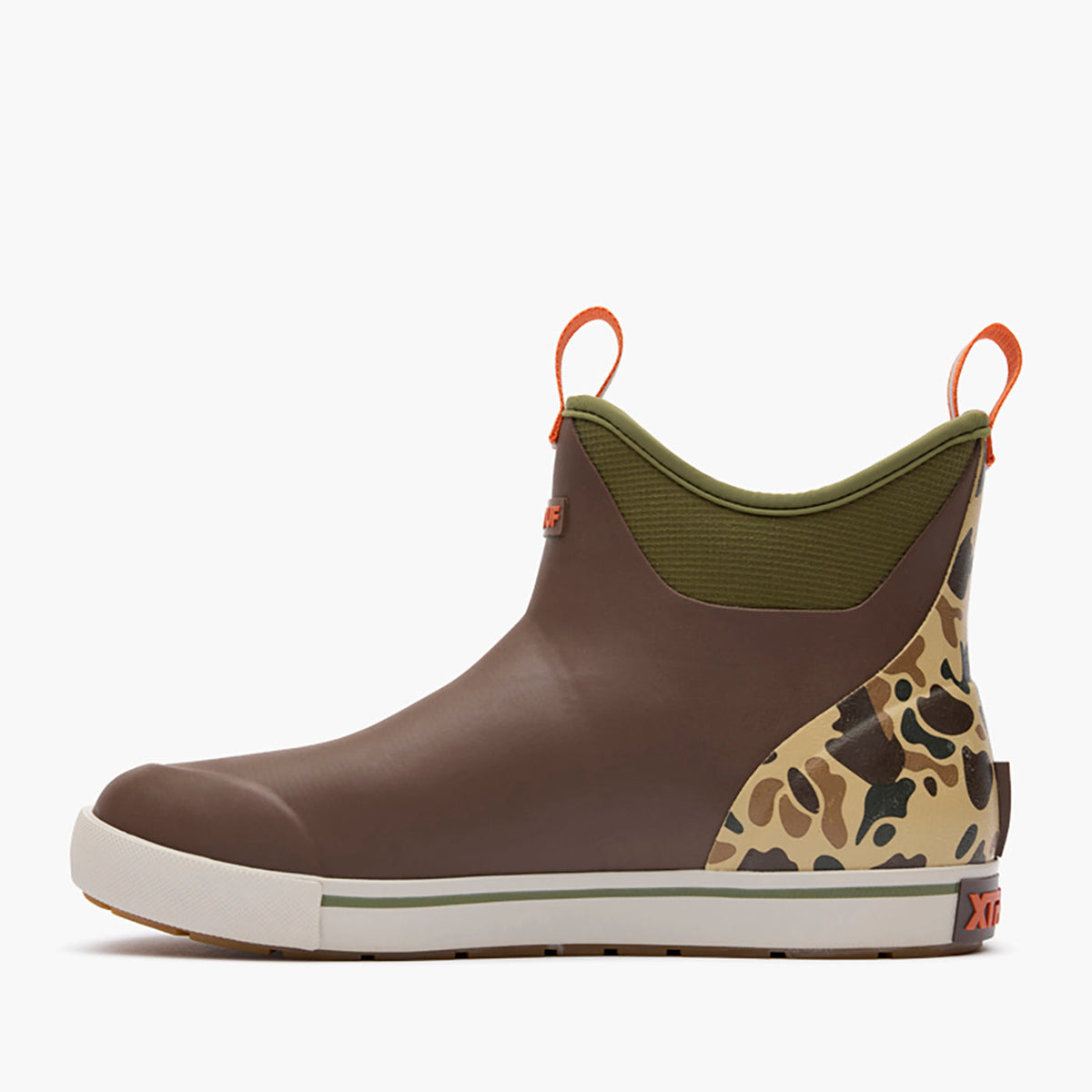 XTRATUF Mens Outdoors Fleece Lined Ankle Deck Boot Bison Duck Camo contrast cream sole with olive pinstripe along a bio based rubber foam upper