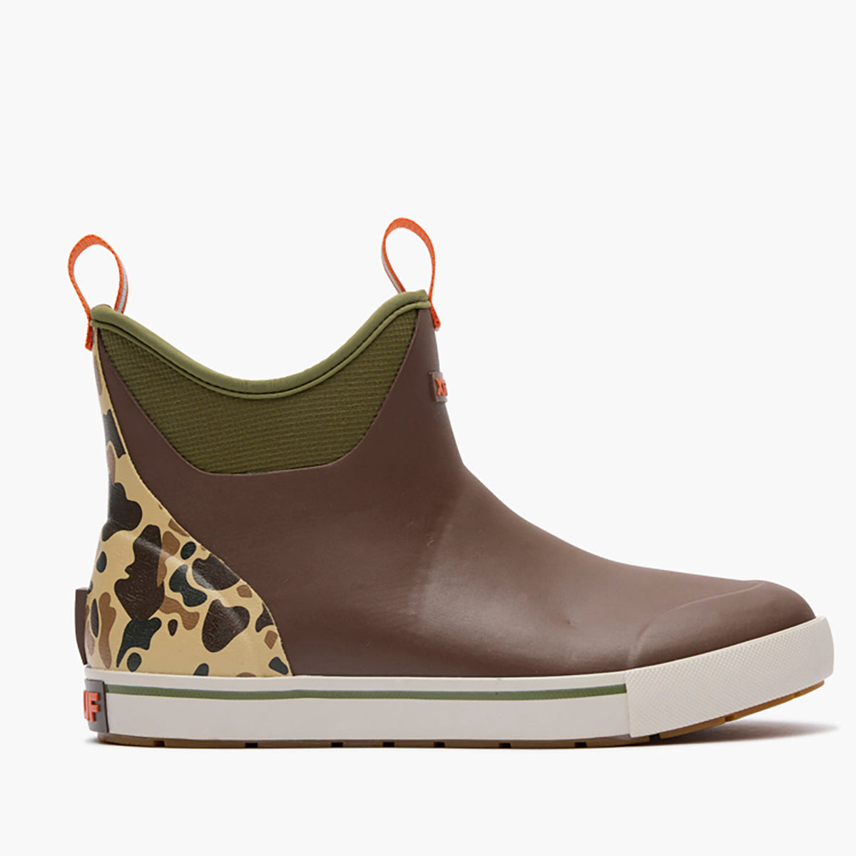 XTRATUF Mens Outdoors Fleece Lined Ankle Deck Boot Bison Duck Camo low pull on ankle silhouette with durable abrasion resistant ripstop quarter Park City